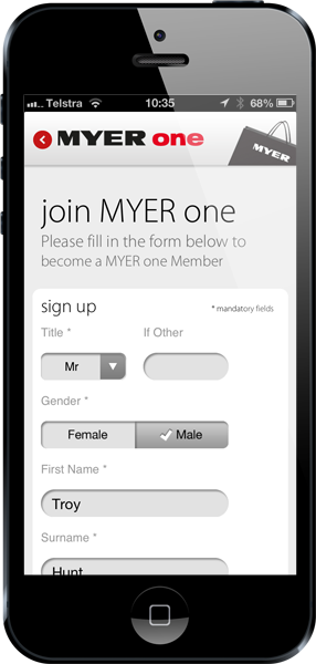 Loggin on to the Myer app