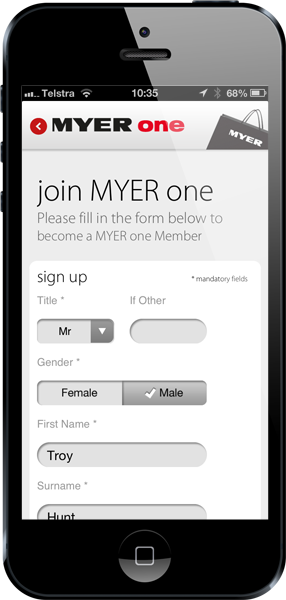 Loggin on to the Myer app