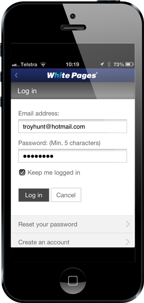 Logging on to the White Pages app