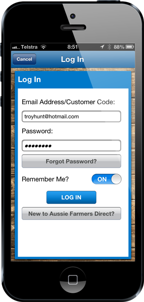 Logging on to the Aussie Farmers Direct app