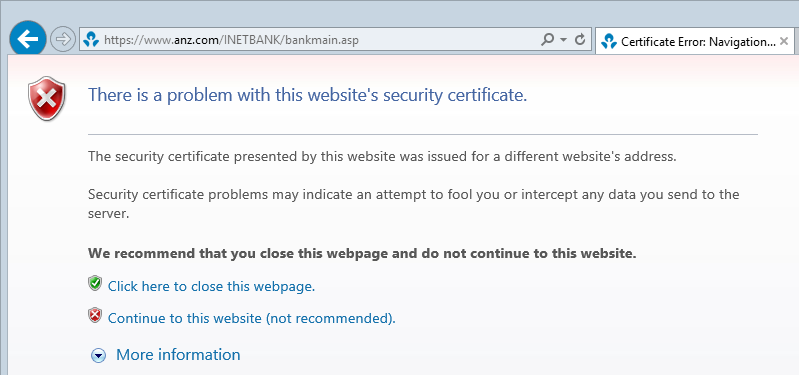 Internet Explorer warning of an invalid certificate on the ANZ website