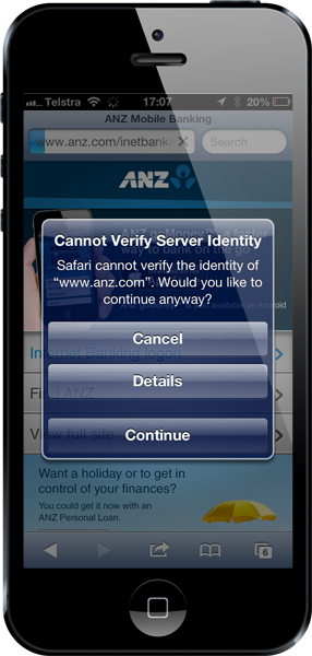 Mobile Safari warning of an invalid certificate on the ANZ website