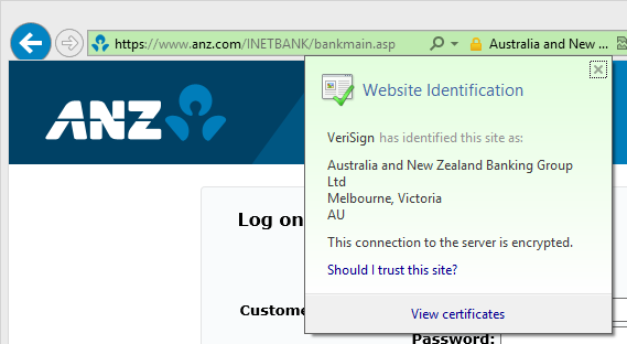 The ANZ website showing certificate information in Internet Explorer