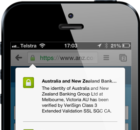 The ANZ website in mobile Chrome showing certificate information