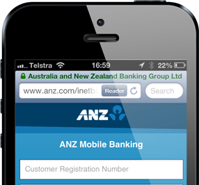 The ANZ website in mobile Safari showing the padlock icon