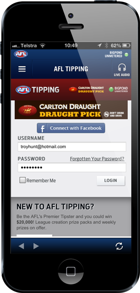 Logging in to the AFL footy tipping app