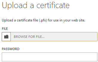 The certificate upload screen expecting a .pfx and a password