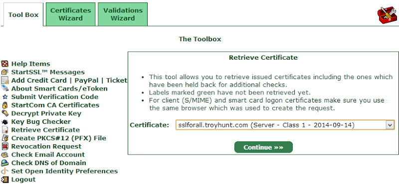Retrieving the certificate from the tool box