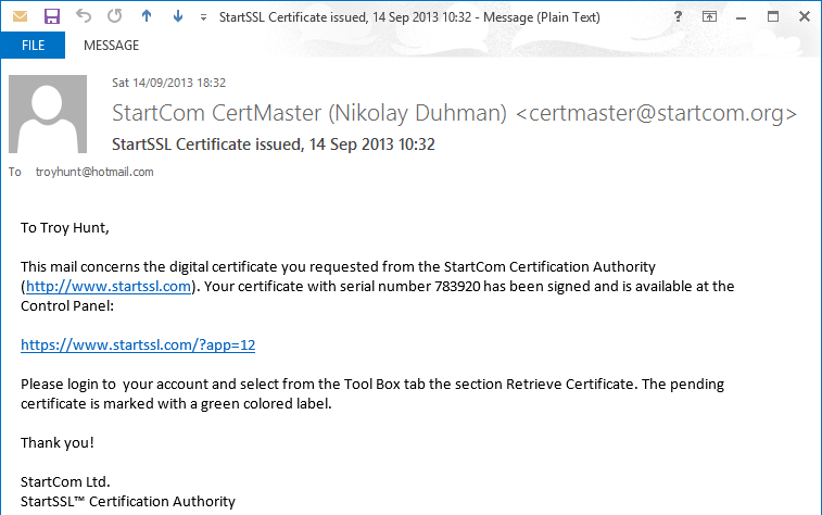 Email confirming the certificate is ready