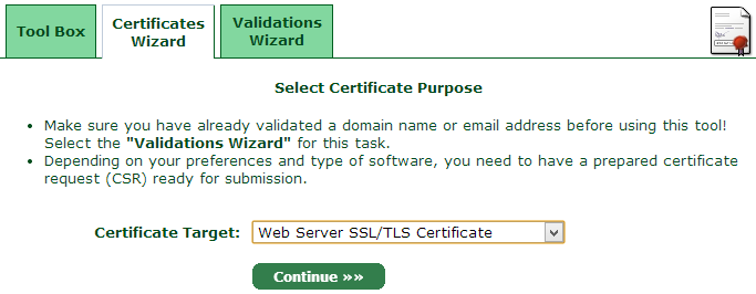 Starting the certificates wizard