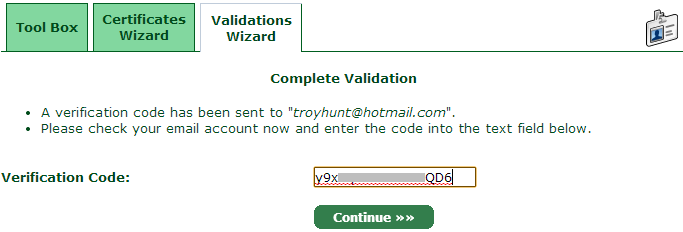 Entering the verification code for the domain