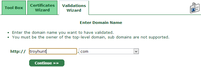 Entering the domain name to validate