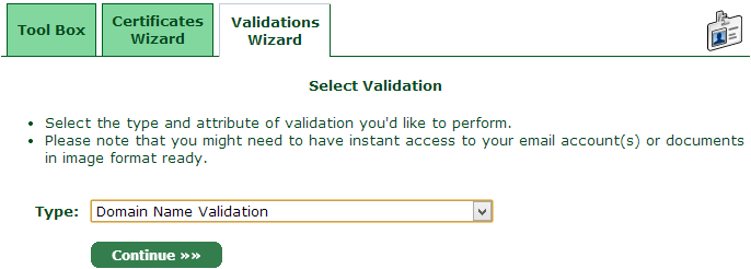 The StartSSL validation wizards tab