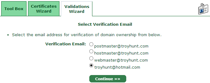 Choosing an email address for the verification email