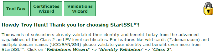 The StartSSL home screen once authenticated