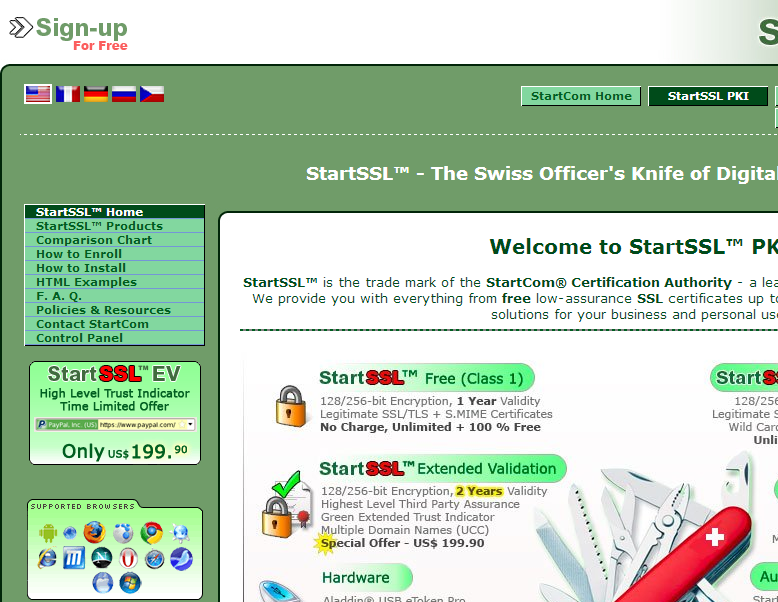 The StartSSL homepage
