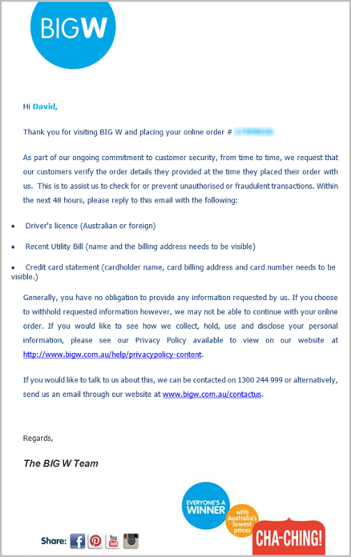 BIG W email asking for personal details to be emailed "As part of our ongoing commitment to customer security"