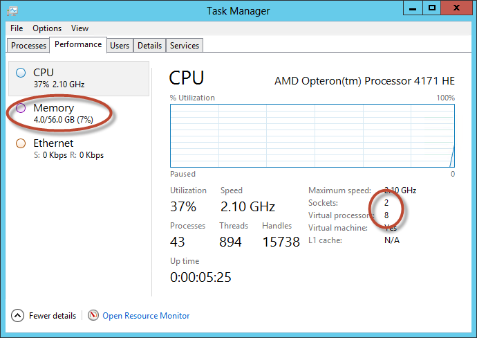 Machine stats showing 2 sockets with 8 cores and 56GB of RAM