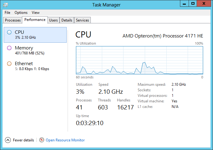 VM properties showing 1 socket with 1 processor and 768MB of RAM