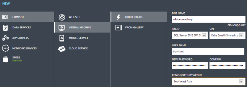 Creating a new SQL Server VM