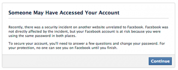Facebook message about compromised Adobe account