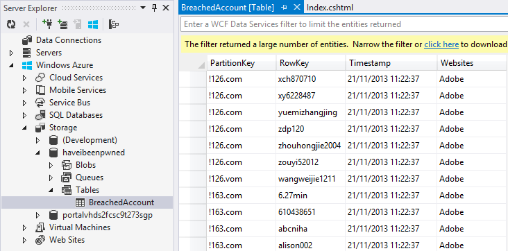 Viewing the table storage data in the Visual Studio Server Explorer