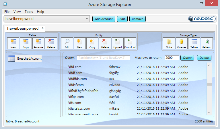 Rows now appearing in the storage explorer