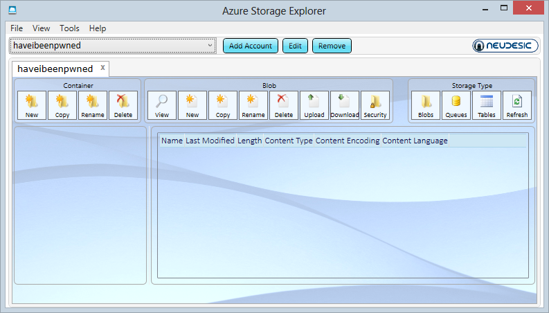 The Azure Storage Explorer connected to the new storage account