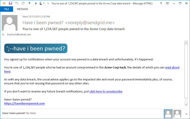 Notification of pwned email address