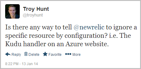 Is there any way to tell @newrelic to ignore a specific resource by configuration? i.e. The Kudu handler on an Azure website.