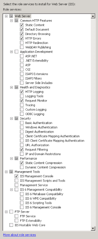 The options list for installing IIS