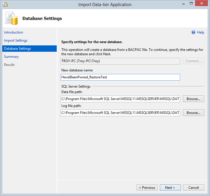 Defining a local DB to restore the database to