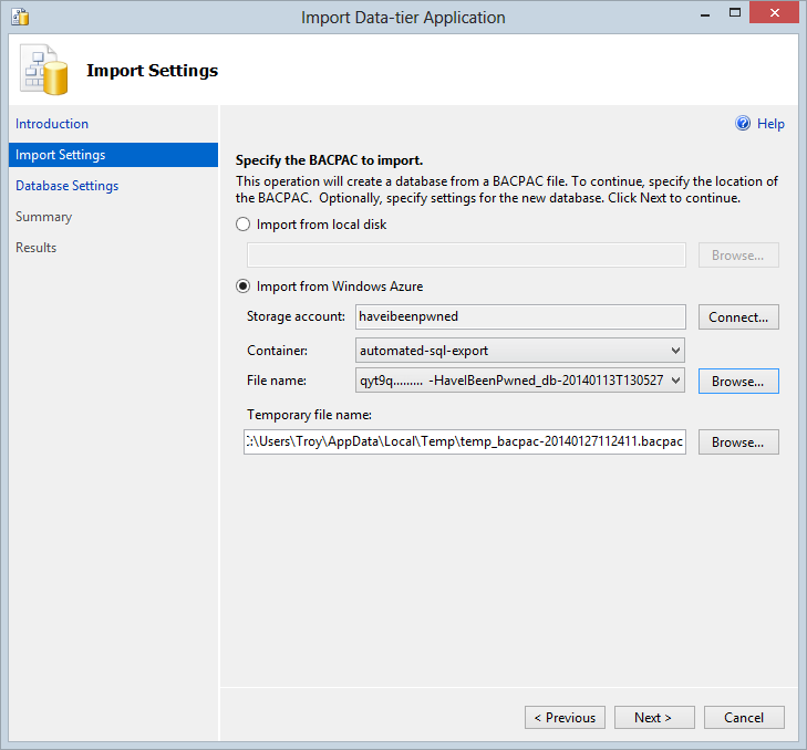 Specifying that data should be imported from SQL Azure