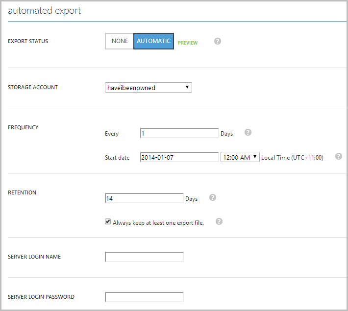 Configuring auomated exports for SQL Azure