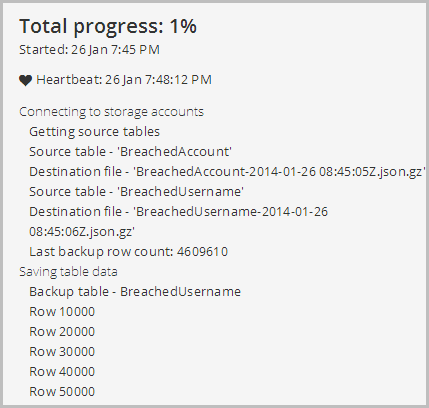 Progress report showing 1% and number of rows backed up