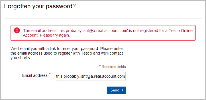 Message on the password reset saying the account does not exist
