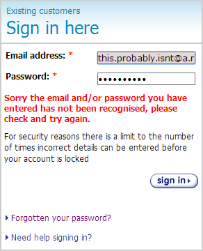 Generic message saying username and / or password is incorrect