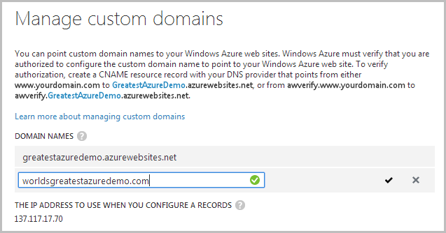 Adding the domain in the Azure Management Portal