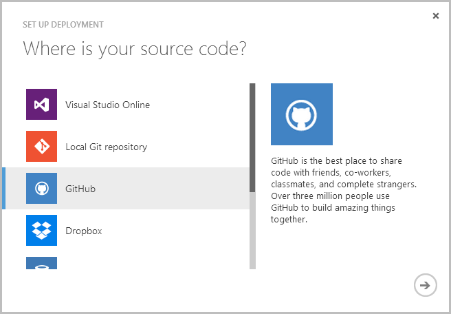 Choosing GitHub as the source control source