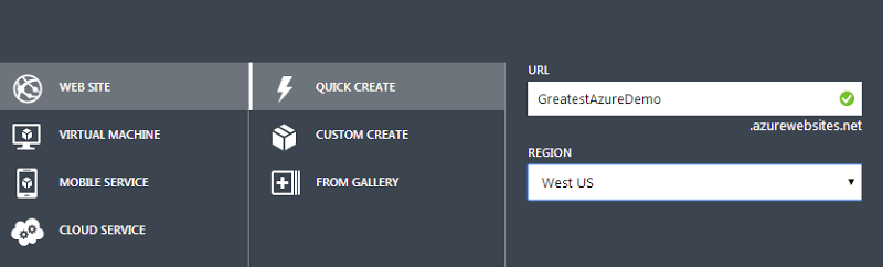 Creating a new website names GreatestAzureDemo in West US