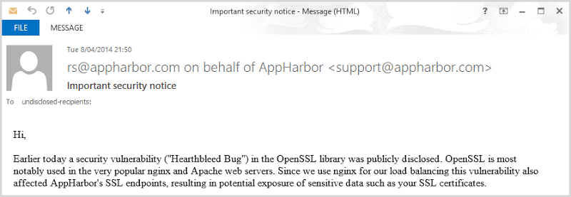 AppHarbor notice about Heartbleed