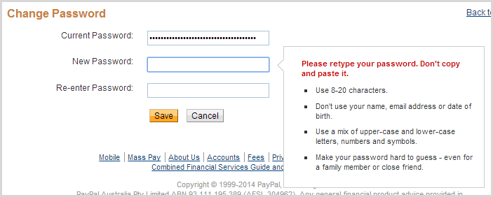 PayPal's message abotu disallowing paste on the change password page