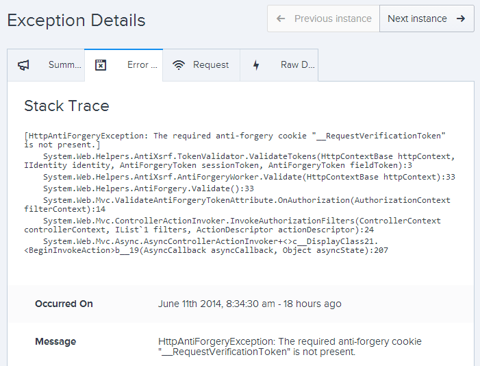 An exception about a missing anti forgery cookie