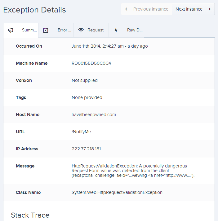 The exceptions details screen with more info