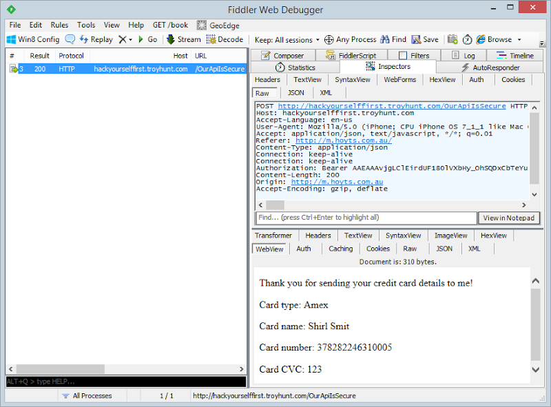 The request with credit card info in Fiddler