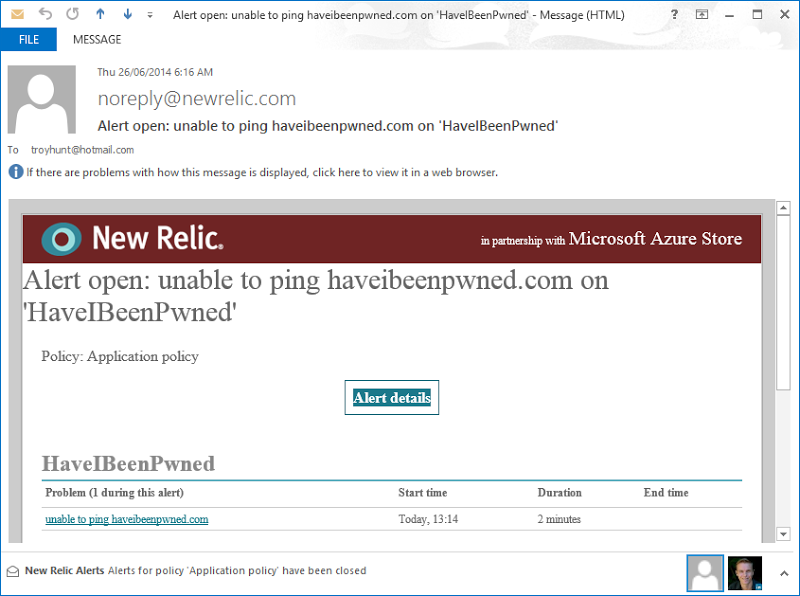 NewRelic alert about HIBP not being contactable