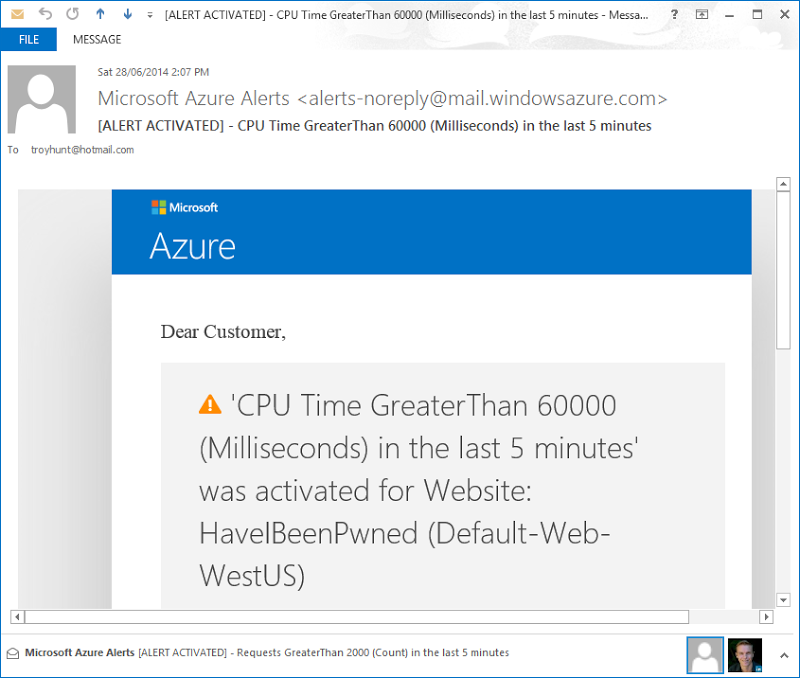 Azure alert email saying CPU exceeded 60 seconds over the last 5 mins