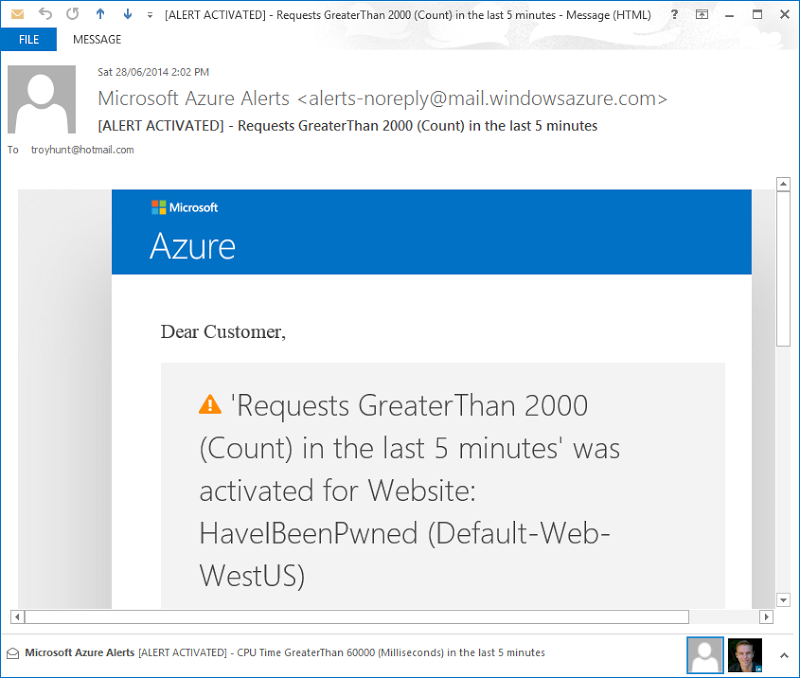 Azure alert email saying requests exceeded 2k over the last 5 mins