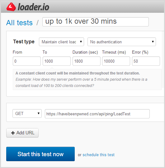 loader.io settings to scale to 1000 clients over 30 minutes