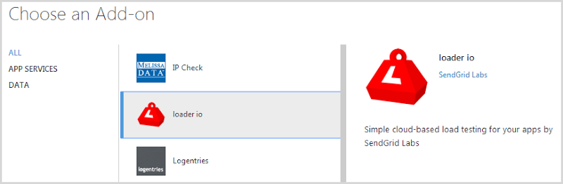 Selecting loader.io from the Azure add-ons list